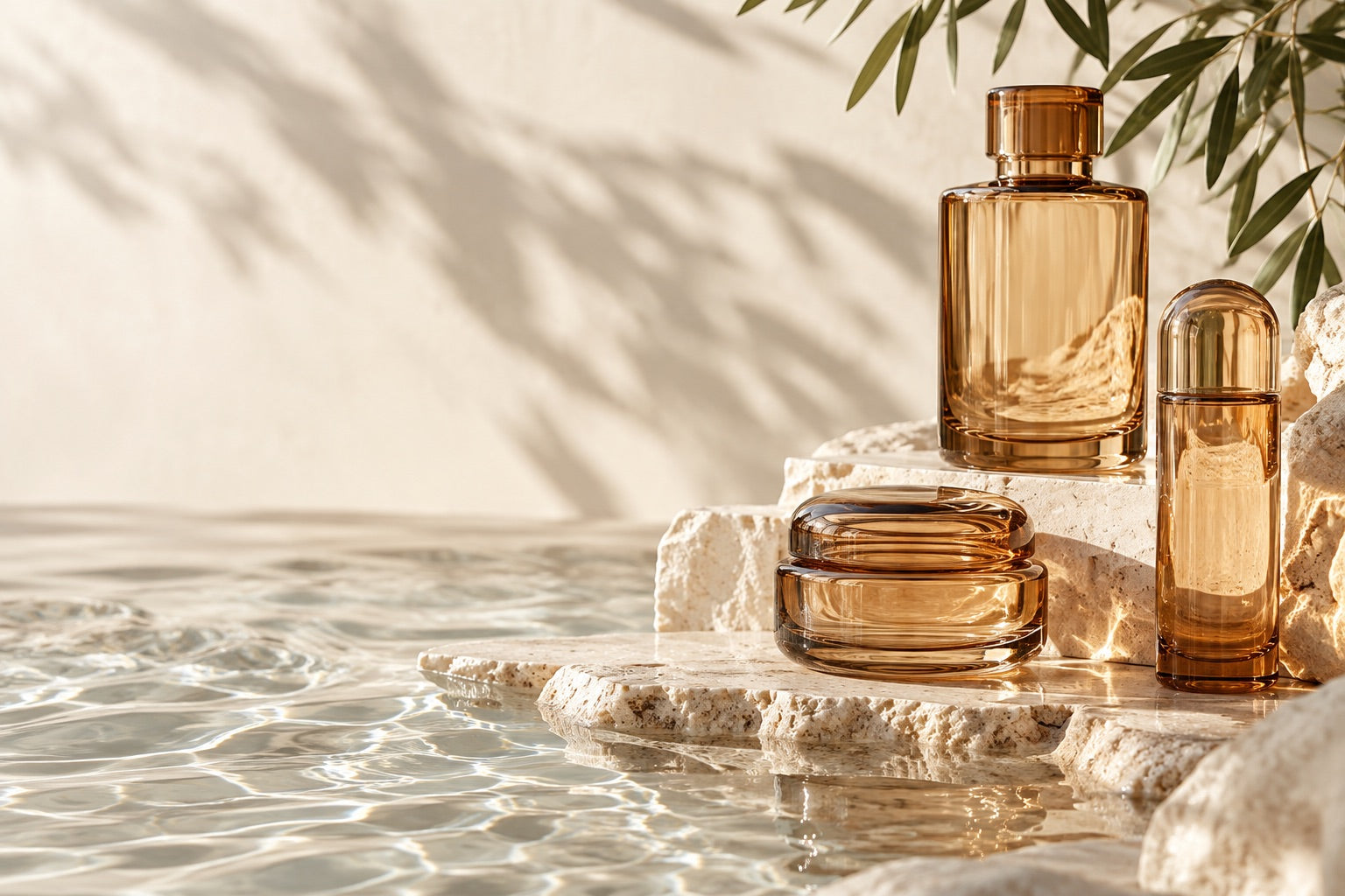 Skincare bottles in a warm botanical still life
